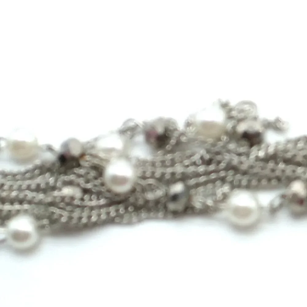 Faux Pearl Crystal Necklace Beaded Multi-Strand Layered Tassel Silver-tone Chain